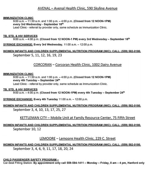 Kings County Health Clinic releases September schedules